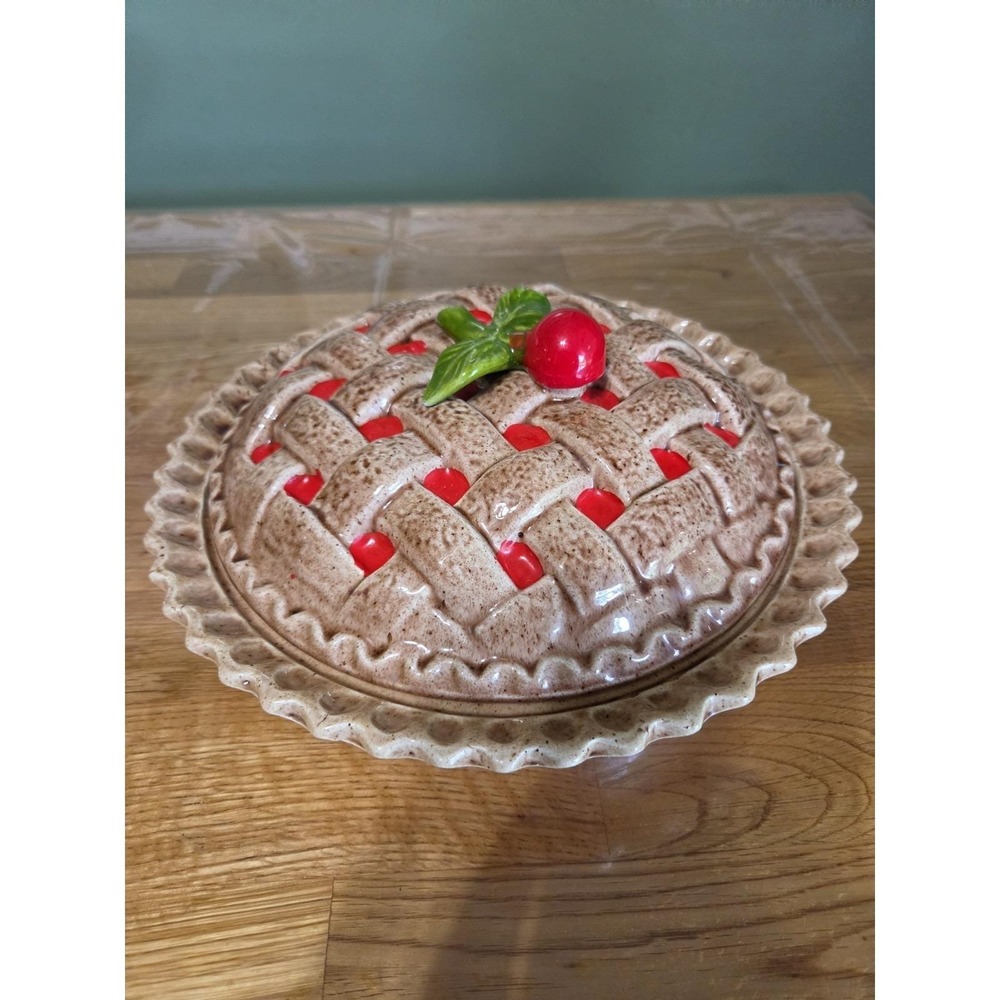 Vintage Ceramic Cherry Pie Keeper Server - Dish & Lid w/ Cherry Lattice Design